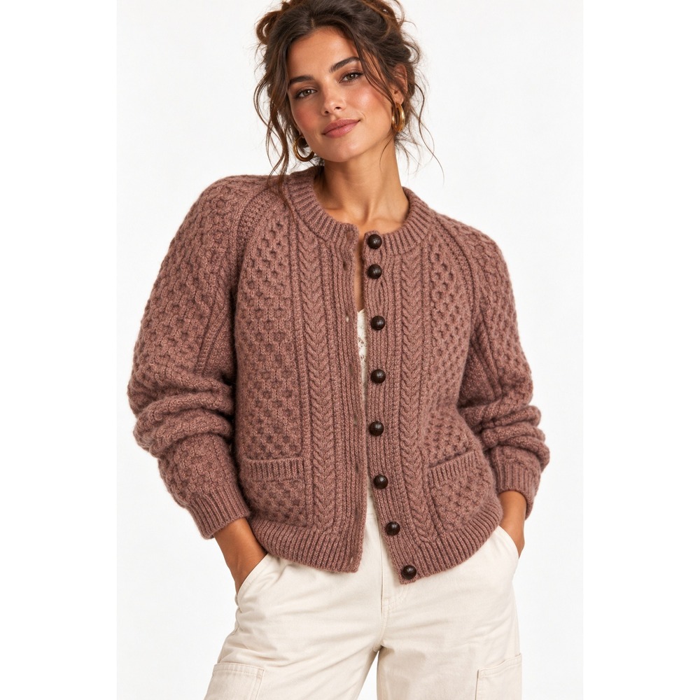 Una O'Neill Aran Hand Knitted Wool Cardigan Ireland Mauve Margaret Whitfield